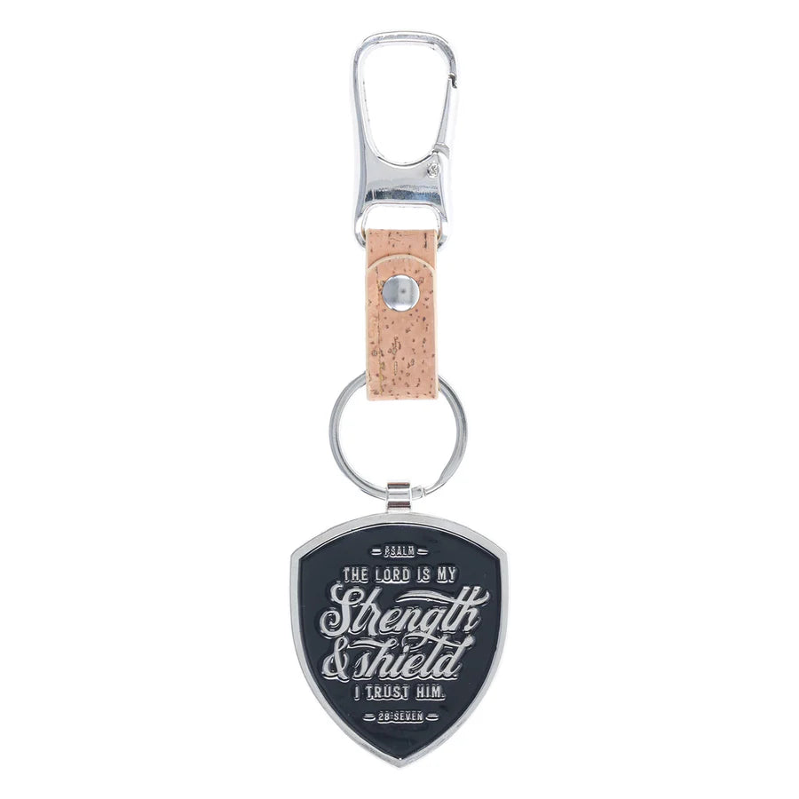 The Lord Is My Strength and Shield Metal and Faux Leather Key Ring with Carabiner Hook