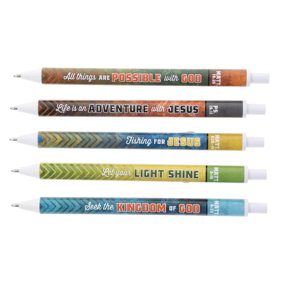 Life Is an Adventure with Jesus - Five-Piece Retractable Ballpoint Pen Set with Blue Ink