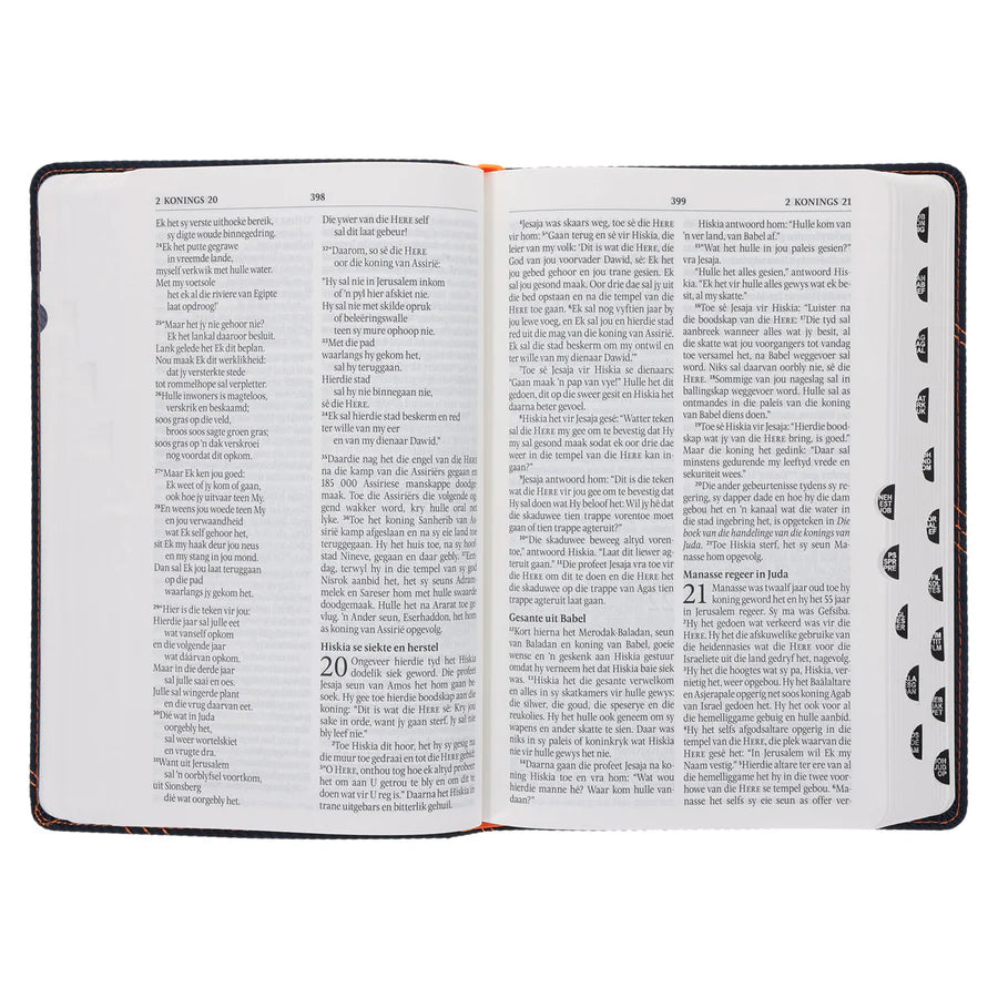 NLV Donkerblou en Oranje Kunsleer Standaard Bybel Met Duimgrepe