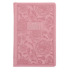 NLV Pienk Blomme Kunsleer Standaard Bybel Met Ritssluiter en Duimgrepe