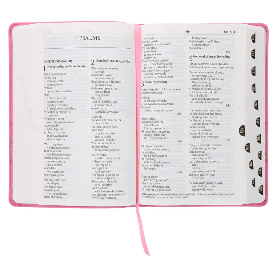 NLV Pienk Glinster Kunsleer Standaard Bybel Met Duimgrepe