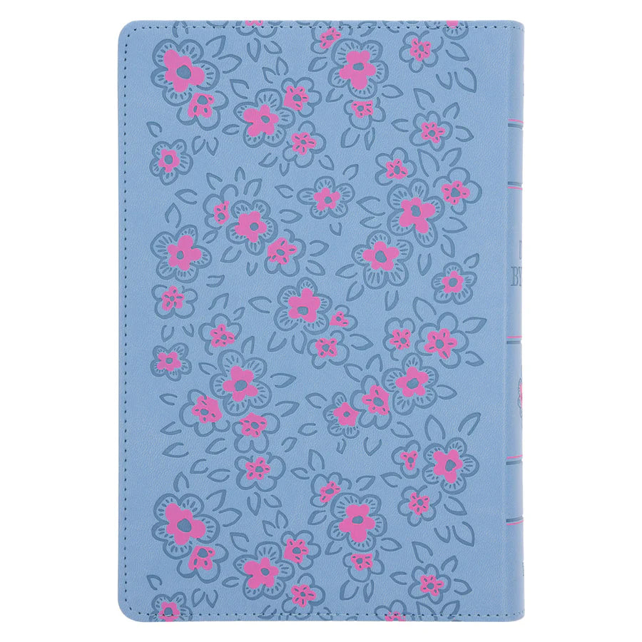 NLV Ligblou Met Pienk Blomme Kunsleer Standaard Bybel Met Duimgrepe