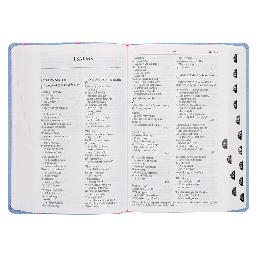 NLV Ligblou Met Pienk Blomme Kunsleer Standaard Bybel Met Duimgrepe