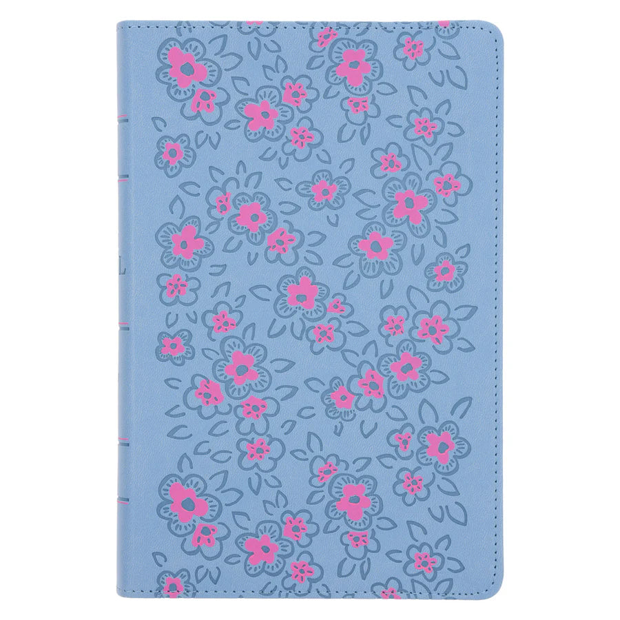 NLV Ligblou Met Pienk Blomme Kunsleer Standaard Bybel Met Duimgrepe
