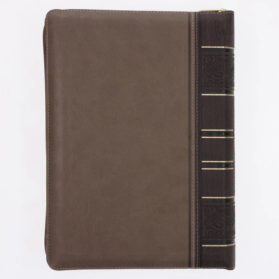 NLV Tweekleur Bruin Kunsleer Bybel Grootdruk Met Ritssluiter & Duimgrepe