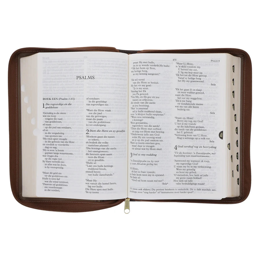 NLV Tweekleur Bruin Kunsleer Bybel Grootdruk Met Ritssluiter & Duimgrepe
