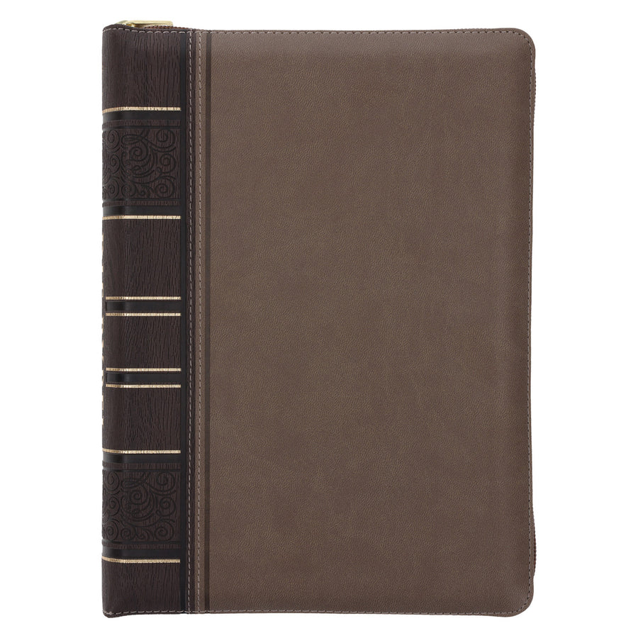 NLV Tweekleur Bruin Kunsleer Bybel Grootdruk Met Ritssluiter & Duimgrepe