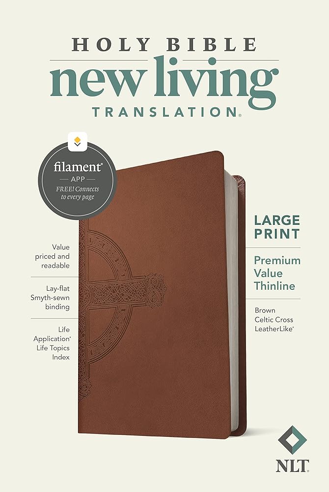 NLT Large Print Premium Value Thinline Bible, Filament Enabled (LeatherLike, Brown Celtic Cross) cover image