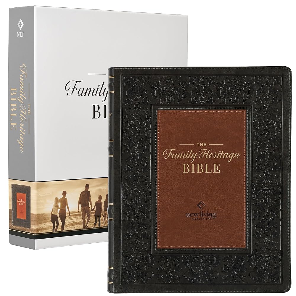 NLT Family Heritage Bible, Large Print Family Heirloom Devotional Bible for Study, New Living Translation Holy Bible Vegan Leather Flexible Cover, ... Olive/Brown (NLT Family Heritage Editions) cover image