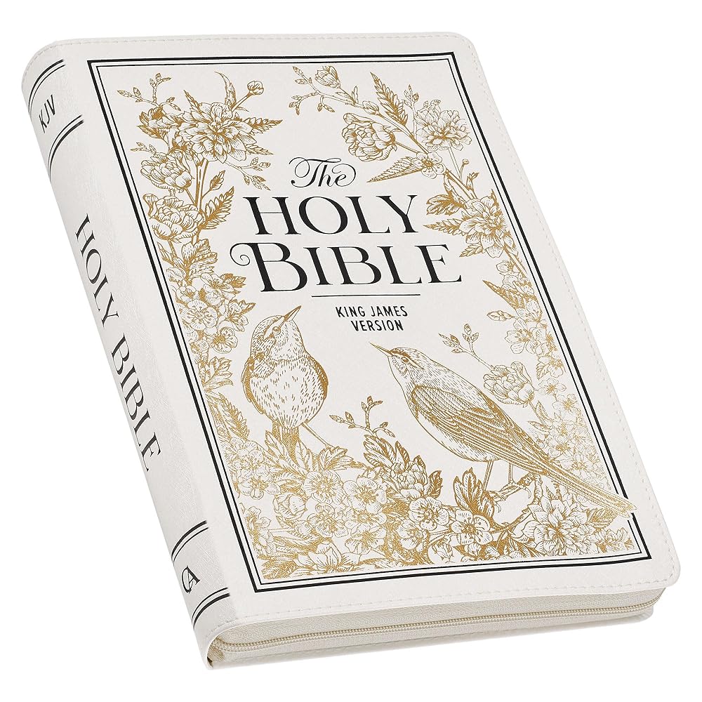 KJV Holy Bible, Thinline Large Print Vegan Leather Red Letter Edition Thumb Index & Ribbon Marker, King James Version, White and Gold, Zipper Closure (KJV Thinline LP Editions) cover image