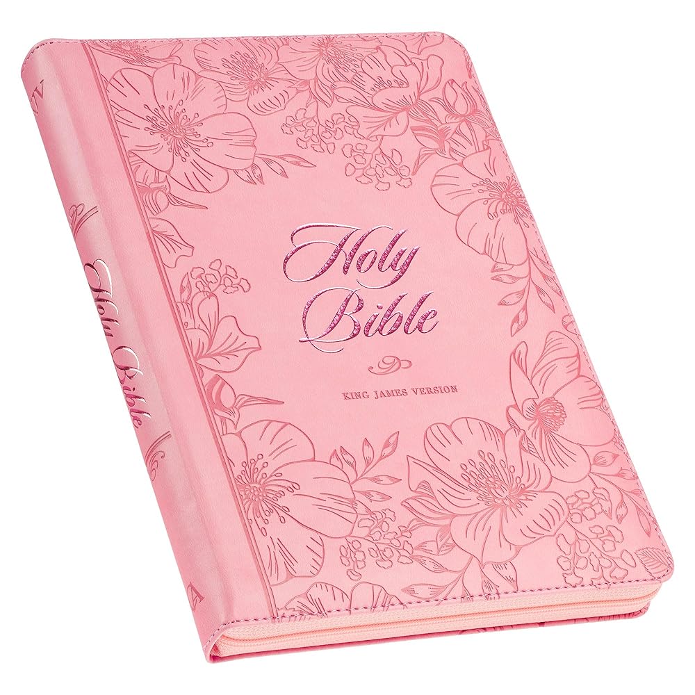 KJV Holy Bible, Thinline Large Print Faux Leather Red Letter Edition Thumb Index, Ribbon Marker, King James Version, Pink Debossed Floral Sunrise Pink, Zipper Closure (KJV Thinline LP Editions) cover image