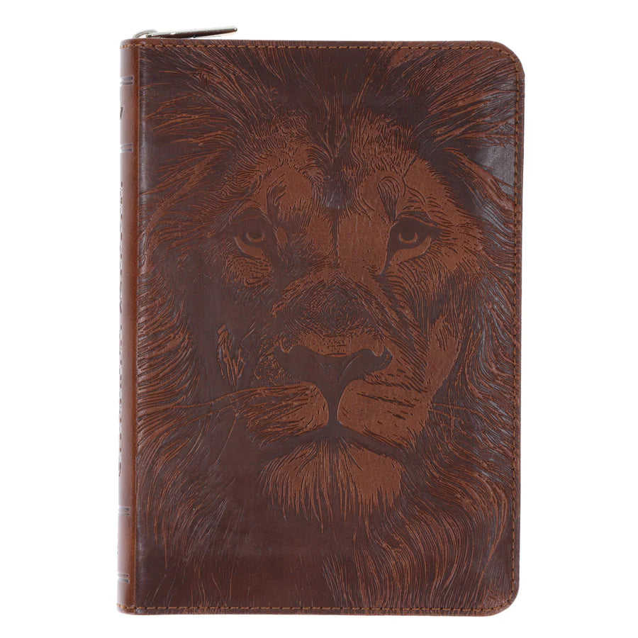 KJV Brown Lion Faux Leather Compact Bible with Zip
