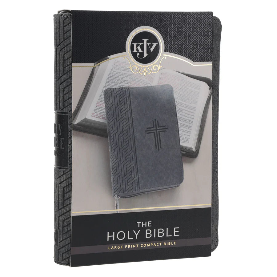 KJV Grey Cross Faux Leather Compact Large Print Bible with Zip