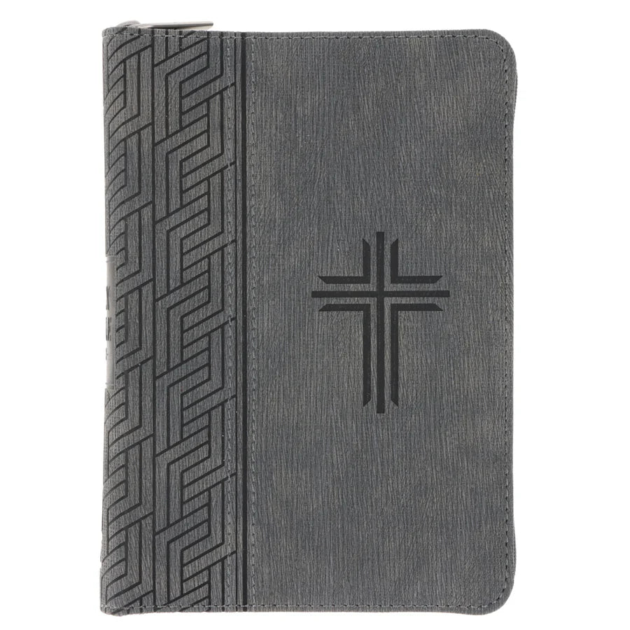 KJV Grey Cross Faux Leather Compact Large Print Bible with Zip